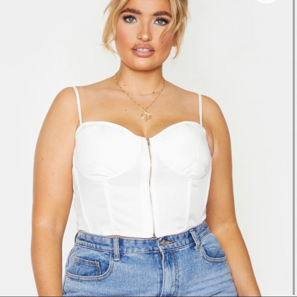 Tops - Plus White Woven Bust Detail Zip Front Corset